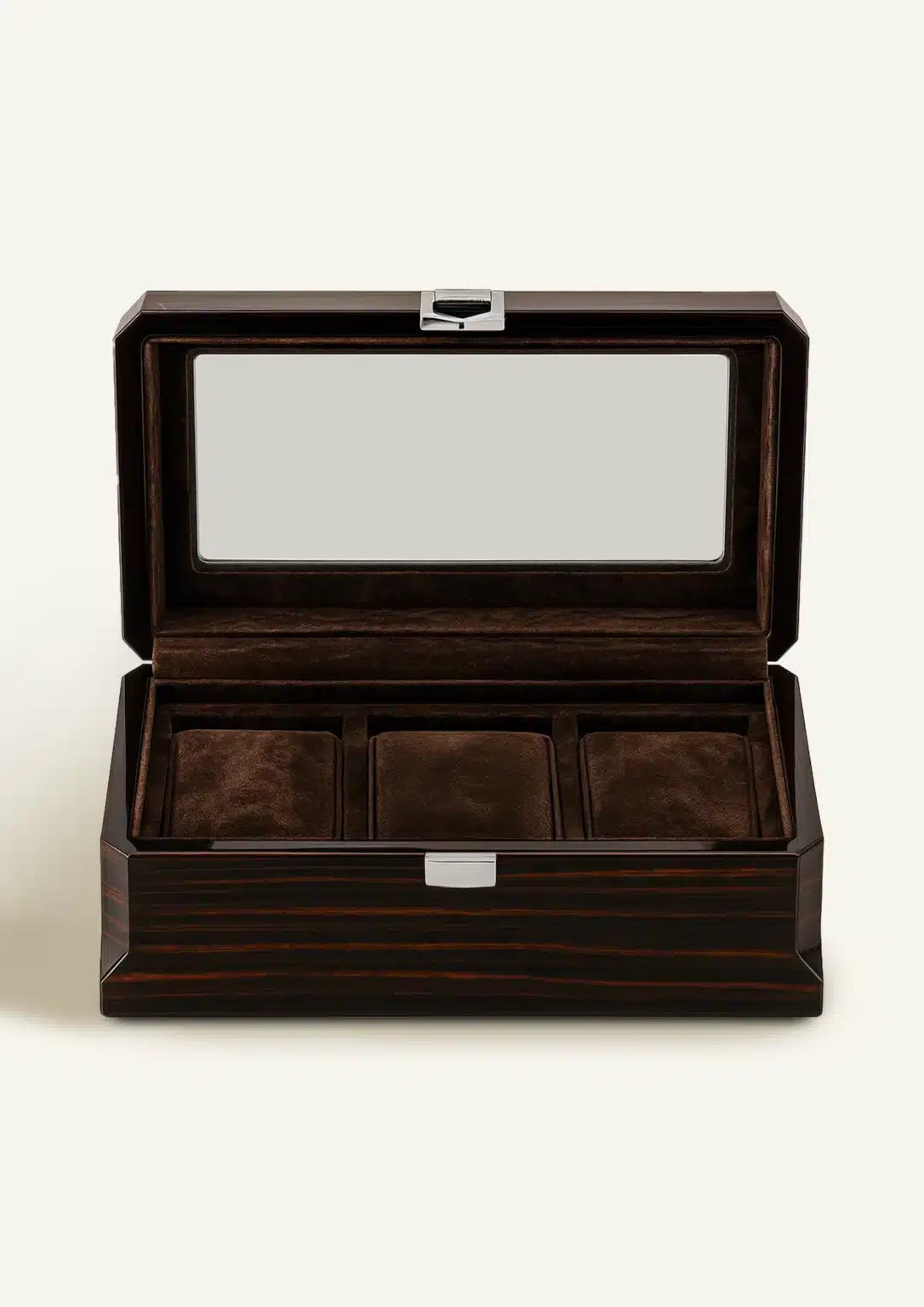 Boîte à montres Richard Maison Garnot en bois, trois compartiments garnis de velours brun, écrin de luxe haut de gamme pour collectionneurs et amateurs d’horlogerie
