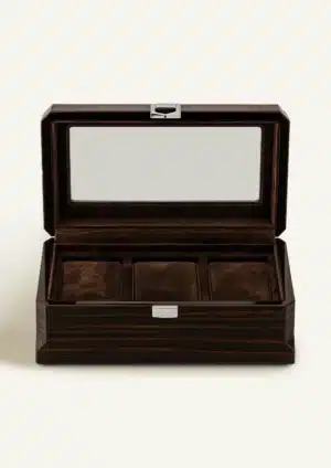 Boîte à montres Richard Maison Garnot en bois, trois compartiments garnis de velours brun, écrin de luxe haut de gamme pour collectionneurs et amateurs d’horlogerie